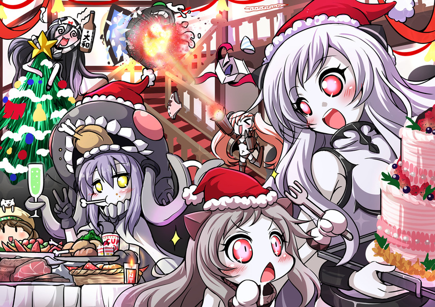 &gt;_&lt; :d @_@ airfield_hime animal animal_on_head bad_id bad_pixiv_id batsubyou battleship_hime beret bird black_gloves bone bottle bow bow_panties bra breaking cake cape cat cat_on_head chicken christmas christmas_tree closed_eyes commentary_request drooling eating error_musume firing food fork fruit glasses gloves grey_hair hat headgear i-class_destroyer kantai_collection meat midriff mittens multiple_girls navel northern_ocean_hime object_on_head on_head open_mouth pale_skin panties panties_on_head red_eyes sake_bottle santa_hat sekiguchi_miiru shinkaisei-kan sleeveless smile soda southern_ocean_oni sparkle stairs tentacles tnt triangle_mouth twintails underwear v white_hair white_panties white_skin wo-class_aircraft_carrier yellow_eyes