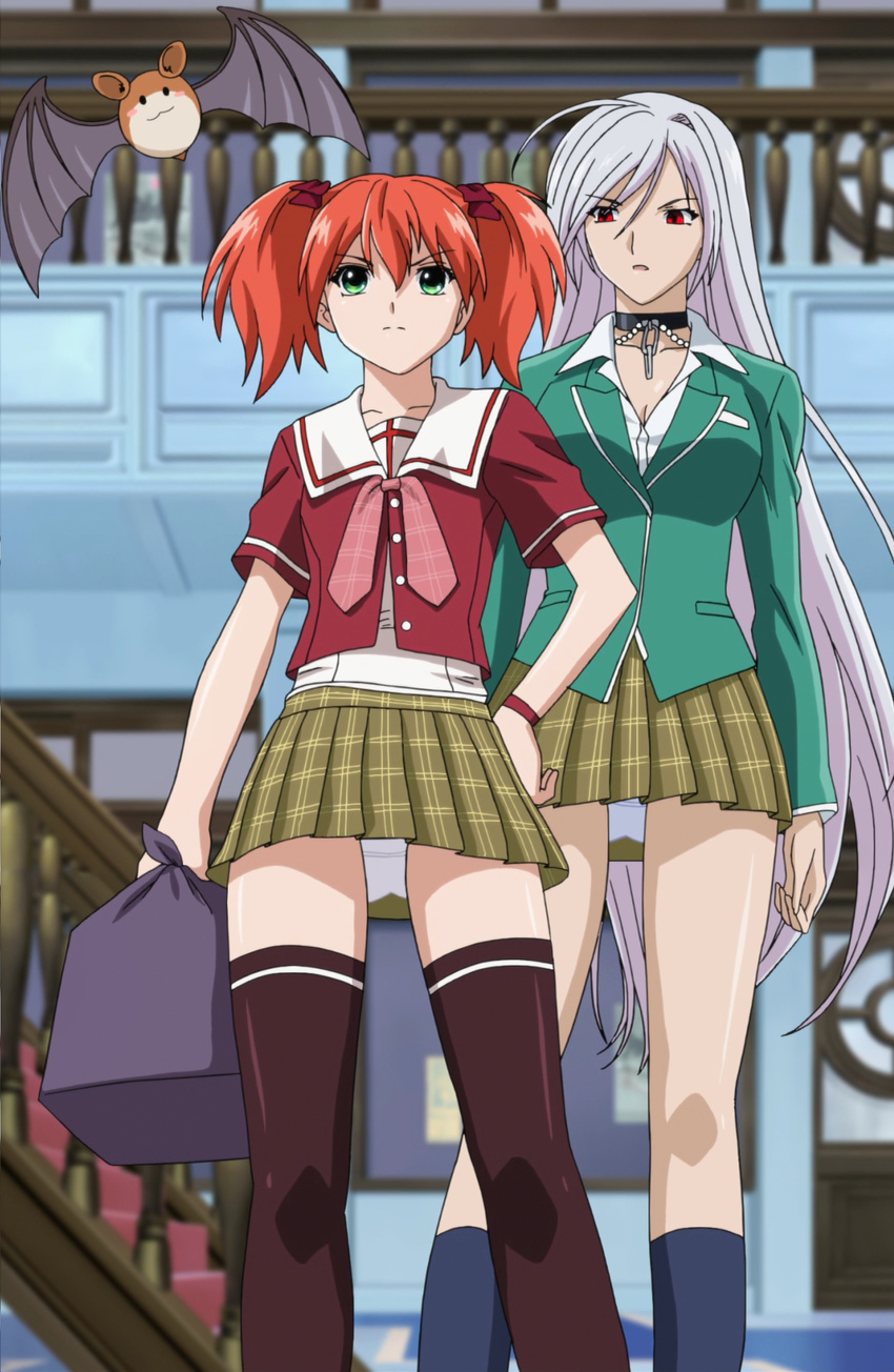 2girls akashiya_moka breasts green_eyes highres inner_moka large_breasts long_hair multiple_girls open_mouth panties red_hair rosario+vampire shuzen_kokoa skirt standing stitched thighhighs underwear upskirt white_hair white_panties