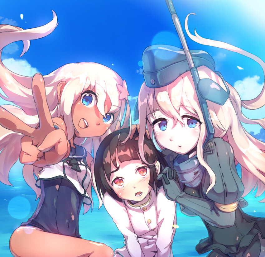 2girls blonde_hair blue_eyes crop_top cropped_jacket dual_persona flower garrison_cap girl_sandwich gloves hair_flower hair_ornament hat kantai_collection little_boy_admiral_(kantai_collection) long_hair military military_uniform multiple_girls nijimaarc one-piece_swimsuit puffy_sleeves ro-500_(kantai_collection) sailor_collar sandwiched school_swimsuit swimsuit swimsuit_under_clothes tan tanline u-511_(kantai_collection) uniform v