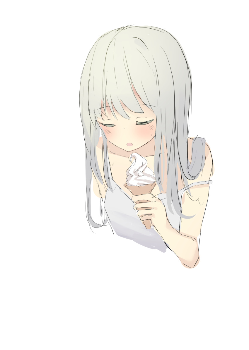 1girl :o bad_id bad_pixiv_id bare_arms bare_shoulders blush cropped_torso dress eyes_closed facing_viewer food green_hair highres holding holding_food ice_cream ice_cream_cone long_hair original parted_lips simple_background sketch sleeveless sleeveless_dress soft_serve solo strap_slip tsuruse upper_body white_background white_dress