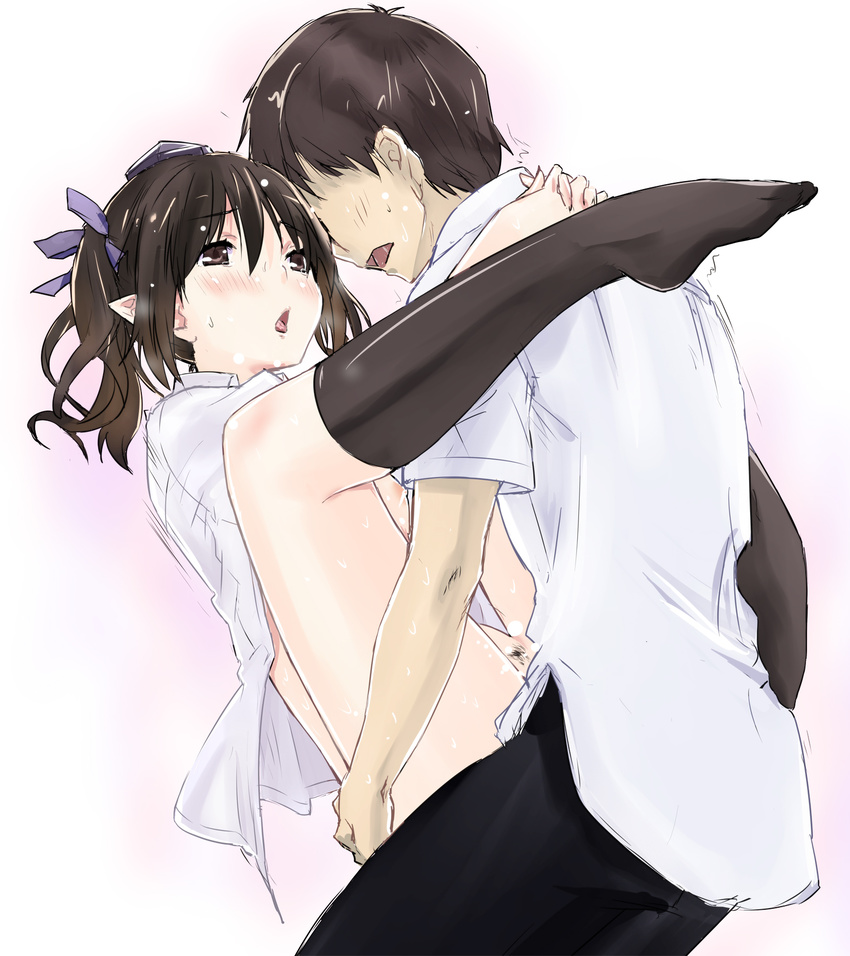 1girl areolae bangs black_legwear blush bottomless brown_eyes brown_hair carrying cl_(h-sys.) clothed_sex collared_shirt faceless faceless_male hair_ribbon hat heart hetero highres himekaidou_hatate hug interlocked_fingers kneehighs leg_lock naked_shirt open_fly open_mouth pointy_ears pubic_hair ribbon sex shirt standing sweat tears textless tokin_hat tongue tongue_out touhou twintails vaginal