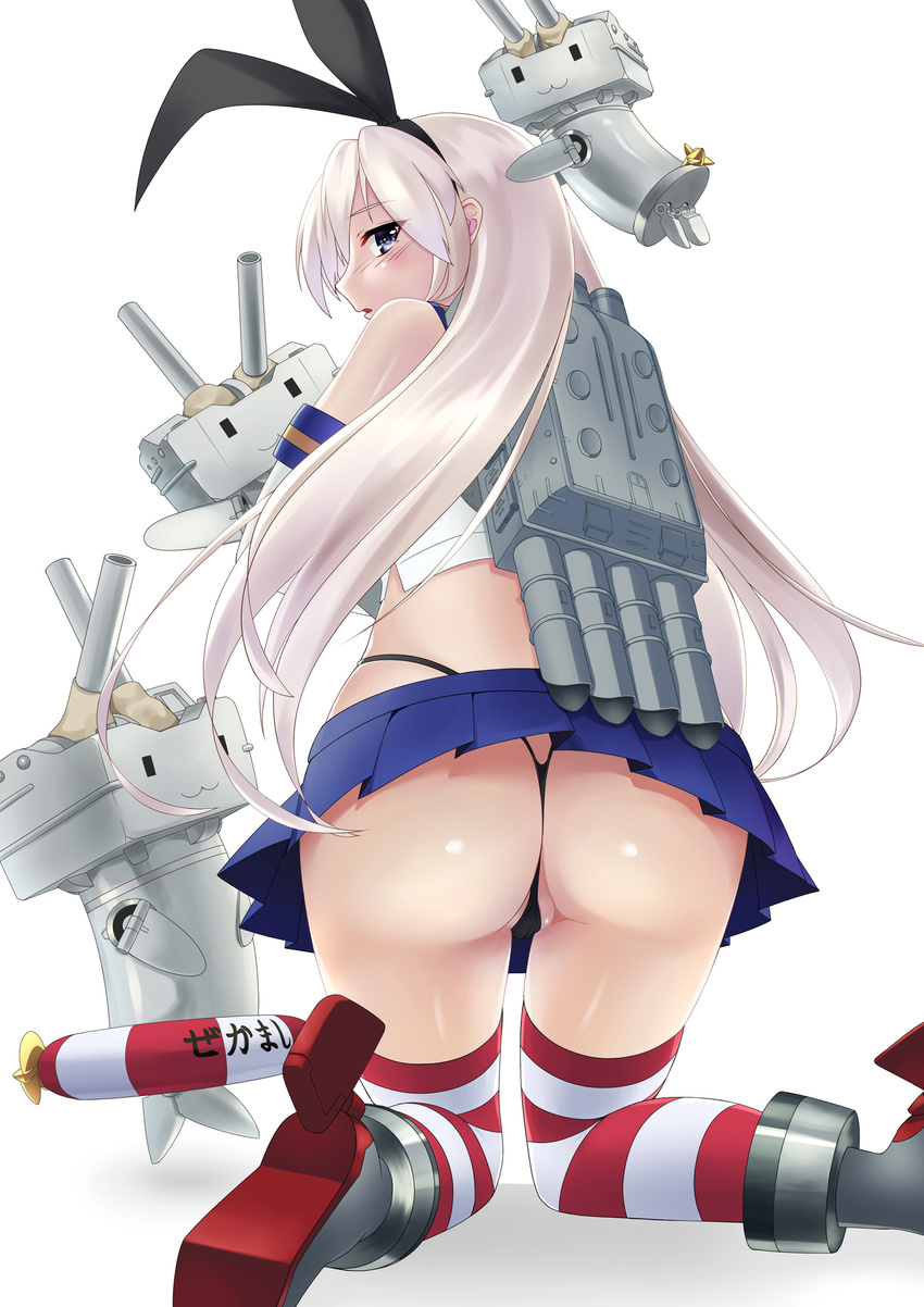 alternate_hair_color anchor_hair_ornament ass black_panties blue_eyes blue_skirt blush crop_top from_behind g-string hair_ornament hairband highleg highleg_panties highres kantai_collection kneeling lavender_hair long_hair looking_at_viewer looking_back microskirt midriff neckerchief panties parted_lips partially_visible_vulva pleated_skirt rensouhou-chan school_uniform serafuku shimakaze_(kantai_collection) sideways_glance simple_background skirt sleeveless solo striped striped_legwear thighhighs thong toumin underwear white_background