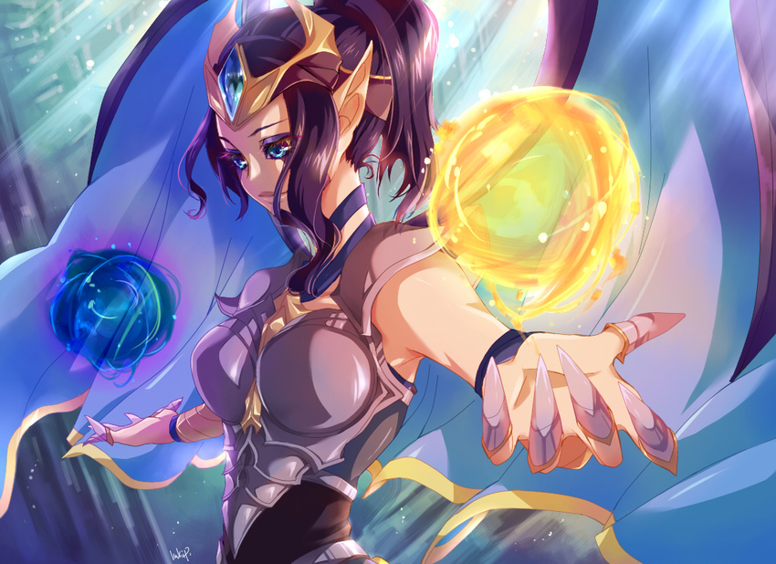 alternate_costume alternate_hairstyle armor artist_name black_hair blue_eyes boobplate breastplate choker circlet kakip league_of_legends magic morgana outstretched_arms pointy_ears ponytail short_hair spread_arms victorious_morgana wings