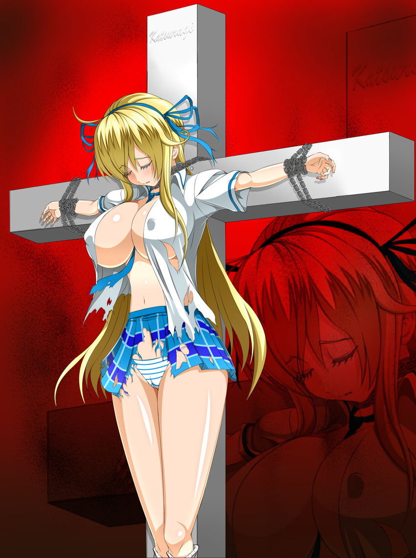 bdsm between_breasts blonde_hair blue_neckwear bondage bound breasts chain closed_eyes covered_nipples crucifixion hair_ribbon highres katsuragi_(senran_kagura) large_breasts long_hair necktie necktie_between_breasts no_bra open_clothes open_shirt ribbon senran_kagura senran_kagura_shoujo-tachi_no_shin'ei shirt skirt striped tom-supaiku torn_clothes torn_shirt torn_skirt zoom_layer