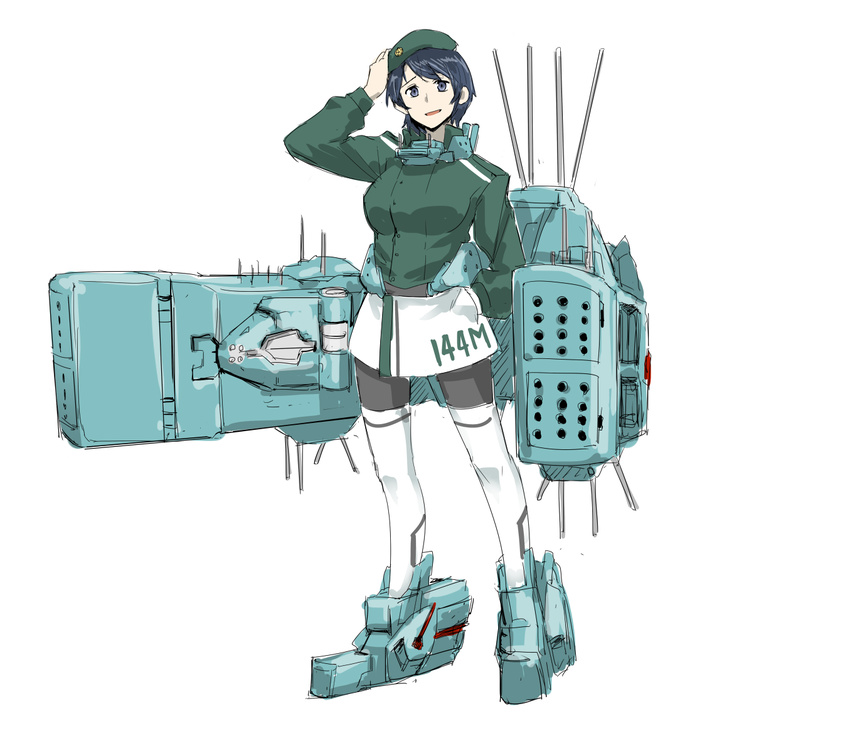 antennae black_eyes black_hair crossover free_planets_alliance fusion genderswap genderswap_(mtf) ginga_eiyuu_densetsu hand_in_pocket hand_on_own_head harukon_(halcon) hat highres hyperion_(gin'eiden) kantai_collection looking_at_viewer mecha_musume military military_uniform original parody short_hair simple_background smile solo space_craft thighhighs uniform wang_wen-li(cosplay) white_background yang_wen-li