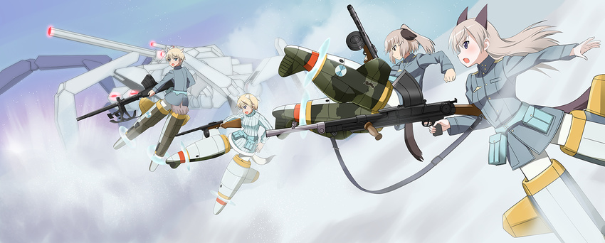 animal_ears anti-tank_rifle blonde_hair blue_eyes brave_witches dog_ears dog_tail eila_ilmatar_juutilainen flying fox_ears fox_tail gun hanna_wind highres kaneko_(novram58) lahti_l39 laura_nissinen long_hair long_sleeves md5_mismatch multiple_girls neuroi nikka_edvardine_katajainen pantyhose ponytail purple_eyes short_hair strike_witches striker_unit submachine_gun suomi_kp/-31 tail weapon weasel_ears weasel_tail white_legwear world_witches_series