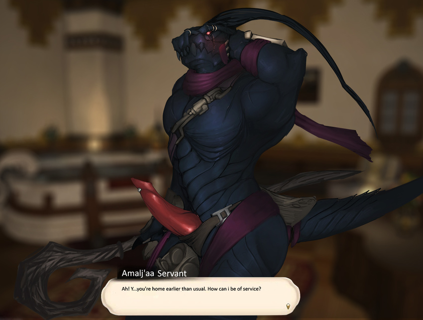 2015 amalj'aa anthro biceps big_penis black_scales blush caught clothing dialogue english_text fangs final_fantasy final_fantasy_xiv genital_piercing hand_behind_head loincloth male muscles pecs penis penis_piercing piercing poking_out polearm red_eyes red_penis reptile scalie scar scarf side_view solo staff tendrils text video_games weapon zomacaius