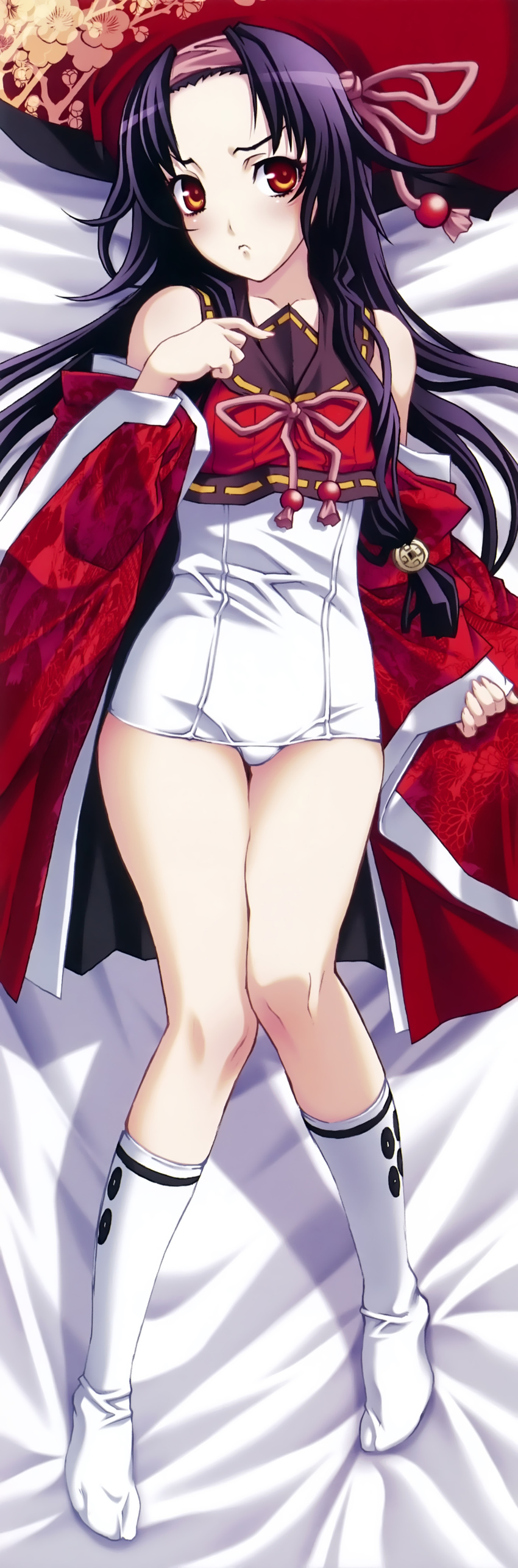 absurdres black_hair dakimakura full_body hairband hat highres hyakka_ryouran_samurai_girls japanese_clothes long_hair nishii_(nitroplus) official_art red_eyes sanada_yukimura_(hyakka_ryouran) school_swimsuit solo swimsuit swimsuit_under_clothes white_school_swimsuit white_swimsuit