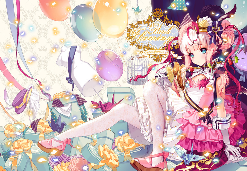 arm_support balloon blue_eyes cage cherrypin dress elbow_gloves english food frilled_dress frills fruit gloves hat hat_removed headdress headwear_removed long_hair original pantyhose pink_hair print_legwear sitting solo strawberry