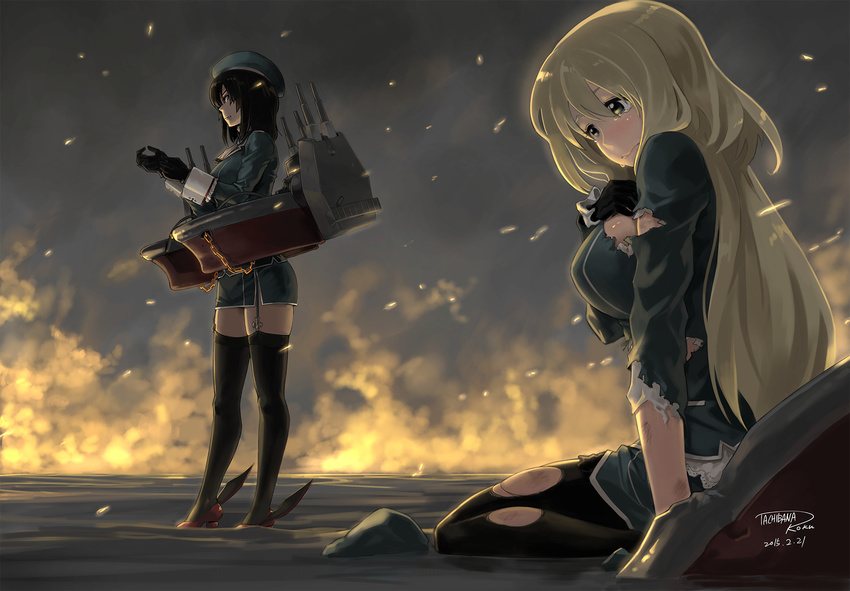 artist_name atago_(kantai_collection) beret black_gloves blonde_hair blush breasts commentary_request dated fire garter_straps gloves green_eyes hat highres kantai_collection large_breasts long_hair military military_uniform multiple_girls pantyhose red_eyes short_hair signature tachibana_roku takao_(kantai_collection) tears thighhighs torn_clothes uniform zettai_ryouiki