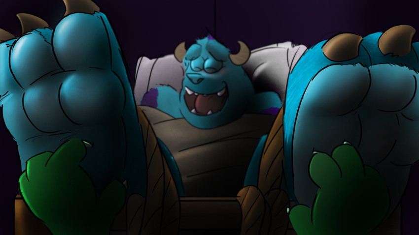 bdsm blush bondage bound claws disney eyes_closed foot_fetish hindpaw laugh male mike monster monsters_inc monsters_university paws pixar soles sulley tickling toes