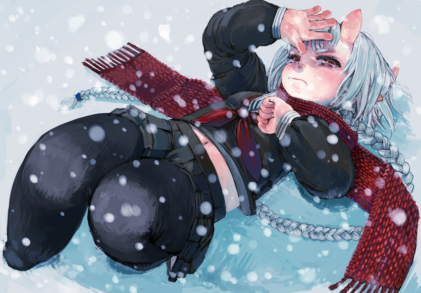 black_serafuku braid crying crying_with_eyes_open ebimomo fang from_above horns legs_up long_hair looking_at_viewer lying midriff navel on_back oni original outdoors pantyhose pointy_ears red_eyes red_scarf scarf school_uniform serafuku shirt silver_hair skirt snow solo tears winter