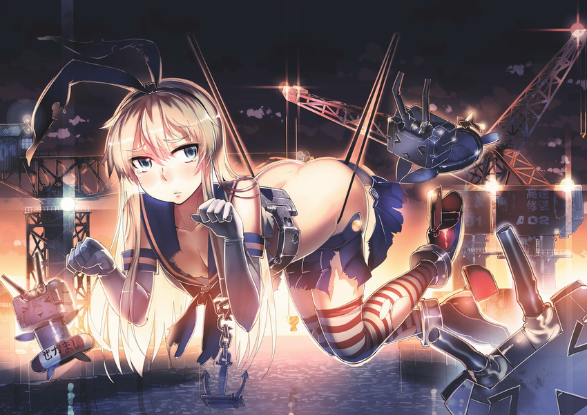 anchor ankle_boots ass blonde_hair blue_eyes boots breasts chain cleavage collarbone crane elbow_gloves gloves grey_footwear hair_ribbon hairband hanging kantai_collection lens_flare lifebuoy long_hair looking_at_viewer medium_breasts rensouhou-chan repairing ribbon shimakaze_(kantai_collection) siqi_(miharuu) skirt solo striped striped_legwear sunset tears thighhighs torn_clothes torn_skirt water wedgie white_gloves