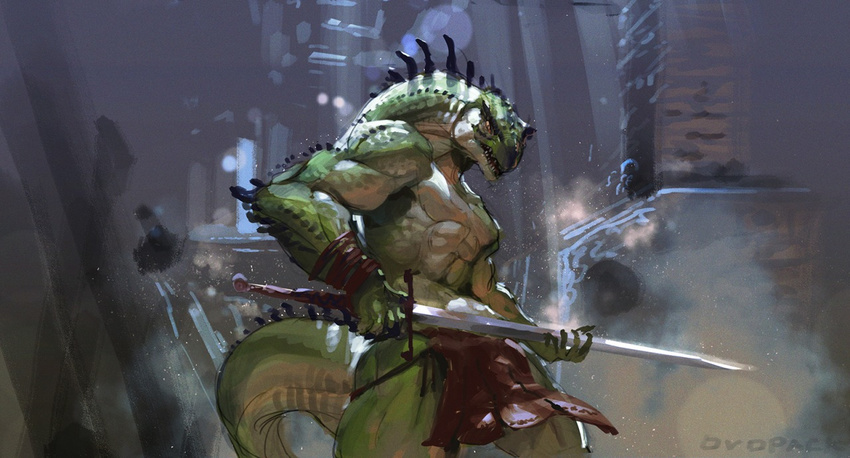 artist_name fundoshi green_skin lizardman manly monster_boy murayama_ryouta muscle scales solo sword weapon