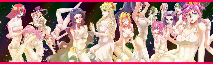 battle_tendency black_background blonde_hair border diamond_wa_kudakenai double_bun erina_pendleton ermes_costello foo_fighters higashikata_daiya highres hirose_yasuho hot_pants_(sbr) jojo_no_kimyou_na_bouken jojolion kuujou_jolyne letterboxed lingerie lipstick lisa_lisa long_hair looking_at_viewer lucy_steel makeup mariah midler multiple_girls parted_lips phantom_blood pink_hair red_border red_hair sakuma_yona sitting standing stardust_crusaders steel_ball_run stone_ocean sugimoto_reimi suzi_q trish_una underwear vento_aureo yamagishi_yukako