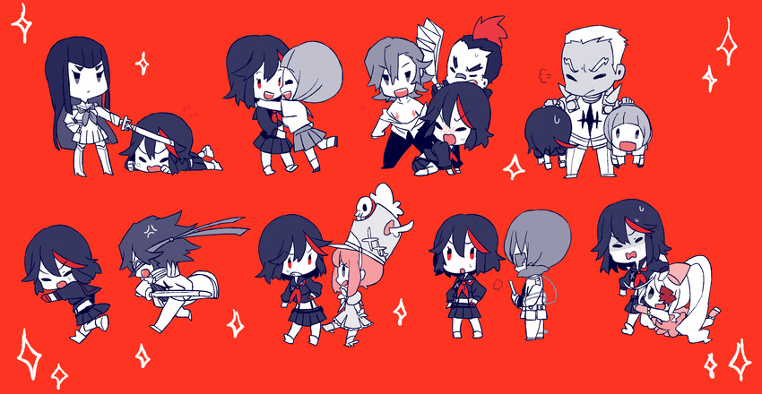 5boys absurdres anko_(kirikiri) chasing chibi clinging eyepatch fan fleeing gamagoori_ira harime_nui harisen hat highres hug inumuta_houka jakuzure_nonon junketsu kill_la_kill kinagase_tsumugu kiryuuin_satsuki leg_hug mankanshoku_mako matoi_ryuuko mikisugi_aikurou multiple_boys multiple_girls red_background sanageyama_uzu senketsu shako_cap sheath sheathed skirt smile sword turn_pale weapon