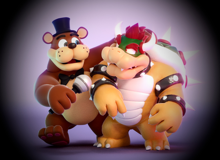 2015 3d animatronic anthro bear bow_tie bowser claws duo five_nights_at_freddy's freddy_(fnaf) hat koopa machine male mammal mario_bros mechanical mic nintendo overweight pawpads paws plain_background robot scalie smashingrenders video_games