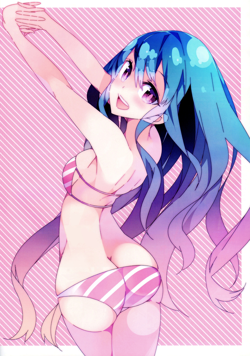 :d absurdres ass bikini blue_hair breasts butt_crack copyright_request cowboy_shot from_behind haruse_hiroki highres long_hair looking_back medium_breasts open_mouth purple_eyes scan sideboob smile solo stretch striped striped_bikini swimsuit very_long_hair