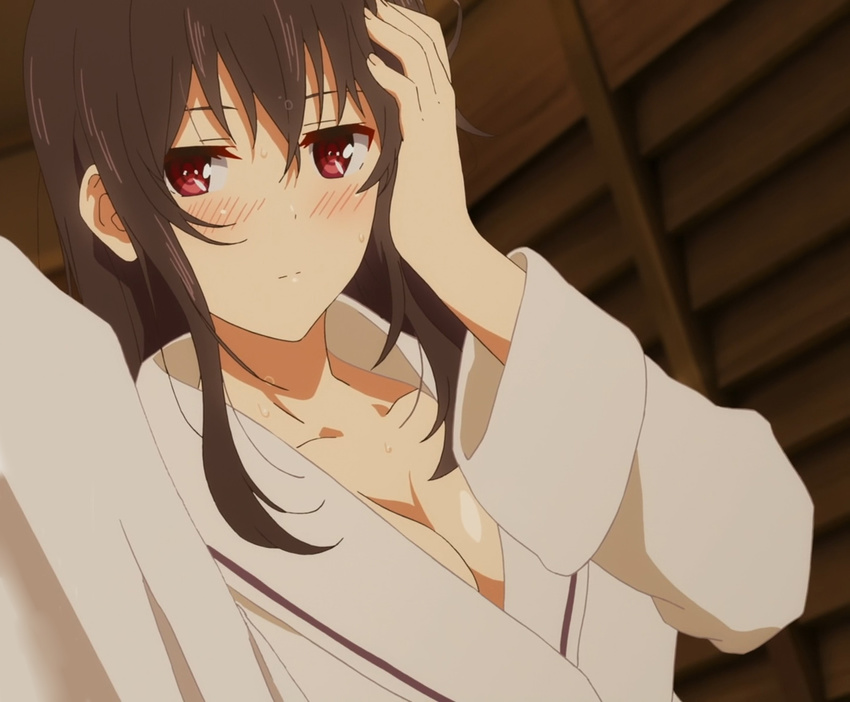 bathrobe black_hair breasts cleavage kasumigaoka_utaha long_hair purple_eyes saenai_heroine_no_sodatekata screencap