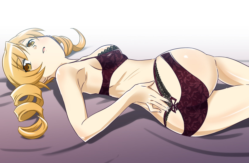 ass blonde_hair bra drill_hair highres lace lace-trimmed_bra lace-trimmed_panties lingerie long_hair lying mahou_shoujo_madoka_magica on_side panties purple_bra purple_panties sat-c shiny shiny_hair shiny_skin smile solo tomoe_mami twin_drills underwear underwear_only yellow_eyes
