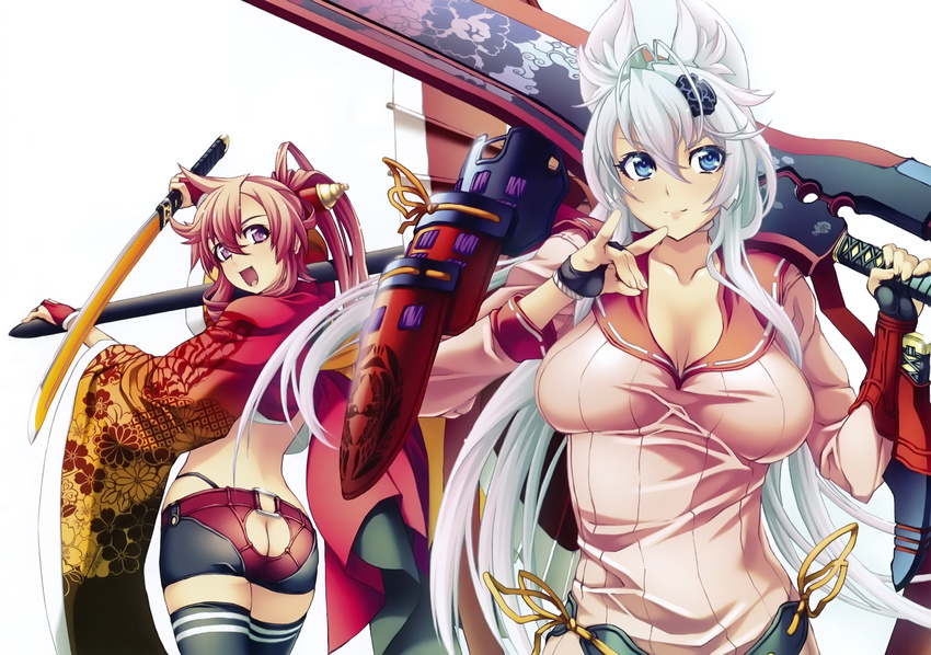 :d absurdres animal_ears antenna_hair armor ass ass_cutout black_gloves blue_eyes breasts breasts_apart fingerless_gloves fox_ears fox_shadow_puppet from_behind gloves hair_between_eyes hair_ornament highres huge_weapon hyakka_ryouran_samurai_girls japanese_armor kusazuri large_breasts looking_back maeda_keiji_(hyakka_ryouran) multiple_girls nishii_(nitroplus) open_mouth oriental_umbrella pink_hair purple_eyes red_gloves scan silver_hair smile sword umbrella weapon wide_sleeves yagyuu_juubei_(hyakka_ryouran)