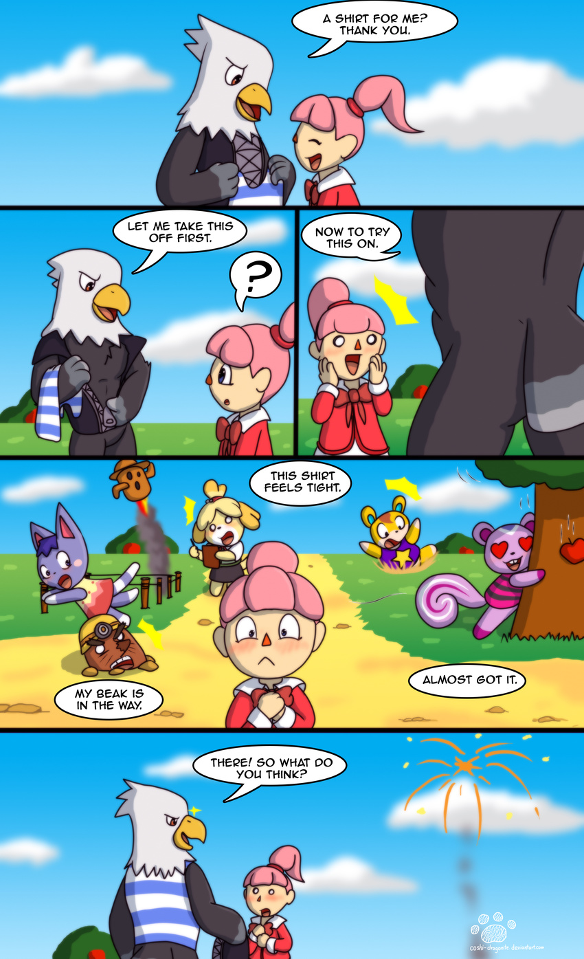 animal_crossing anthro apollo_(animal_crossing) avian being_watched bird canine cat comic coshi-dragonite dog eagle feline hamlet_(animal_crossing) hamster human isabelle_(animal_crossing) mammal mole mr._resetti nintendo outside peanut_(animal_crossing) rodent rosie_(animal_crossing) undressing video_games villager_(animal_crossing)