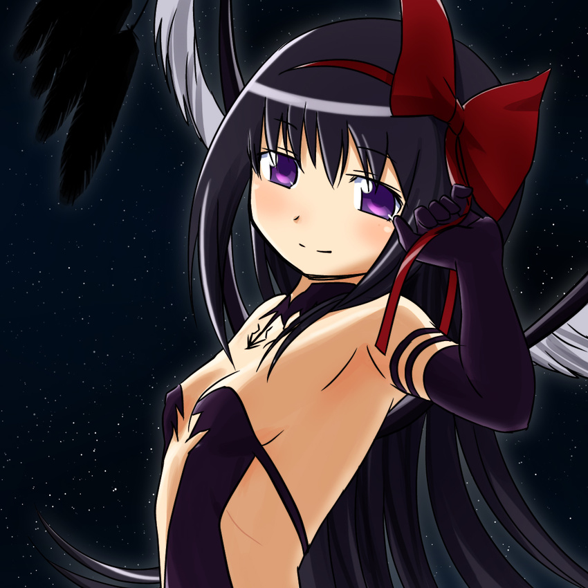 akemi_homura akuma_homura bare_shoulders black_hair blush bow breasts choker dress elbow_gloves feathers gloves hair_bow hair_ribbon hairband highres long_hair looking_at_viewer mahou_shoujo_madoka_magica mahou_shoujo_madoka_magica_movie red_hairband ribbon sat-c shiny shiny_hair small_breasts smile solo spoilers star_(sky) wings