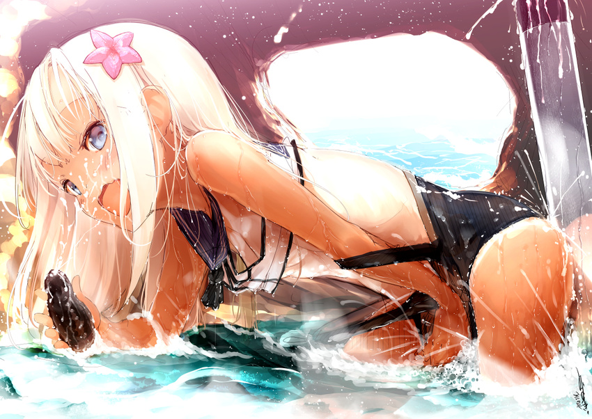 blue_eyes flower hair_flower hair_ornament kantai_collection long_hair mizusaki_(tengoku) one-piece_tan open_mouth ro-500_(kantai_collection) school_swimsuit school_uniform sexually_suggestive sketch swimsuit swimsuit_pull tan tanline torpedo water white_hair