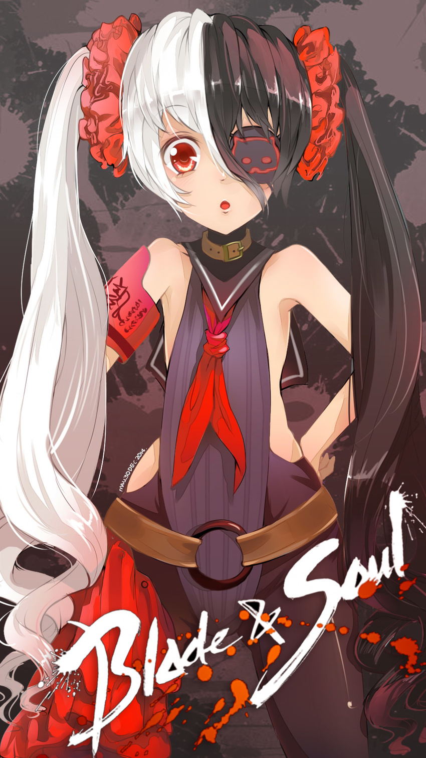 bad_anatomy bad_id bad_pixiv_id belt blade_&amp;_soul bodysuit copyright_name eyepatch hand_on_hip highres leotard long_hair mst1ng_(mauralau) multicolored_hair pohwaran quality red_eyes solo twintails two-tone_hair very_long_hair