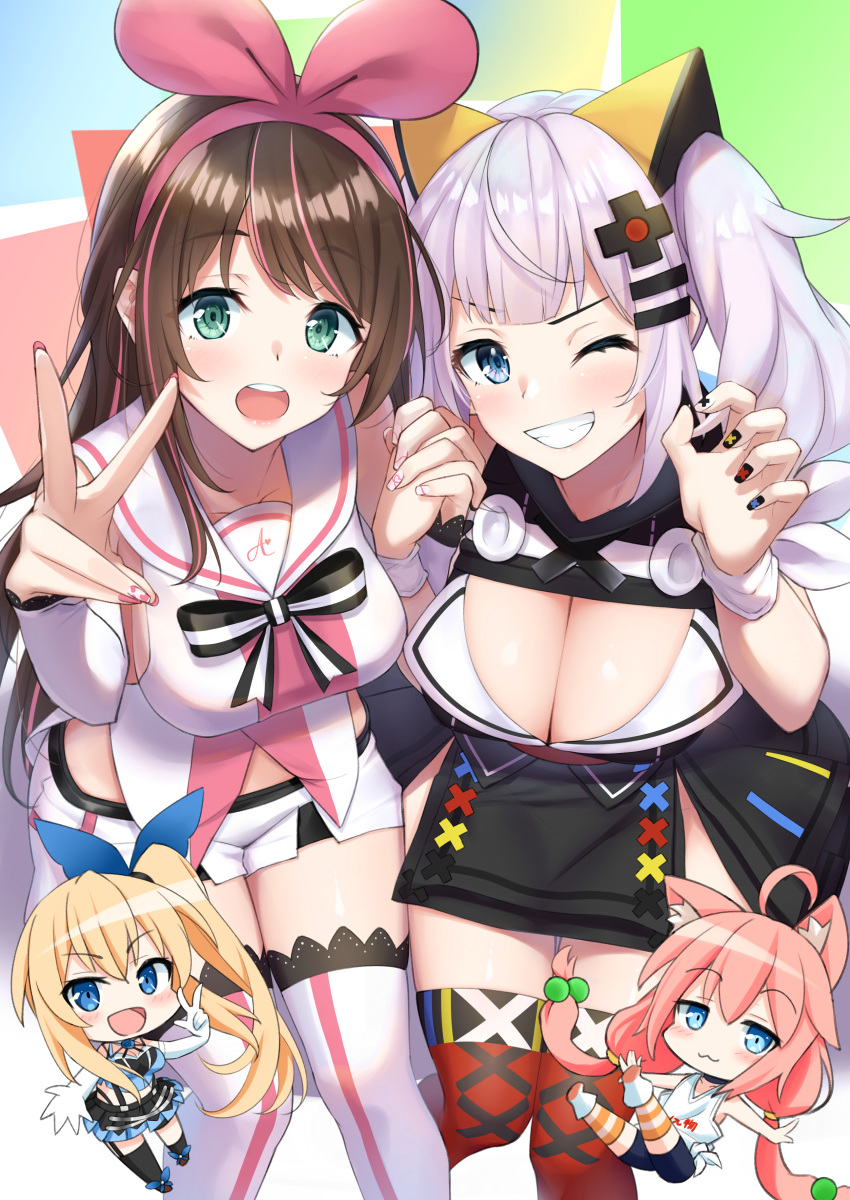 4girls :3 :d ;d a.i._channel absurdres ahoge bike_shorts black_dress black_nails blonde_hair blue_eyes blush breasts brown_hair chibi cleavage cleavage_cutout clenched_teeth commentary dress elbow_gloves eyebrows_visible_through_hair full_body gloves hair_ornament hairband hand_holding highres hinata_channel interlocked_fingers kaguya_luna kaguya_luna_(character) kizuna_ai lace lace-trimmed_sleeves lace-trimmed_thighhighs long_hair looking_at_viewer low_twintails mirai_akari mirai_akari_project mirea multicolored_hair multiple_girls nail_polish nekomiya_hinata obi one_eye_closed open_mouth pink_hair pink_hairband red_legwear red_nails sailor_collar sash short_hair shorts side_ponytail silver_hair smile streaked_hair striped striped_legwear tank_top teeth thighhighs twintails v virtual_youtuber white_gloves white_legwear white_sailor_collar white_shorts white_tank_top x_hair_ornament