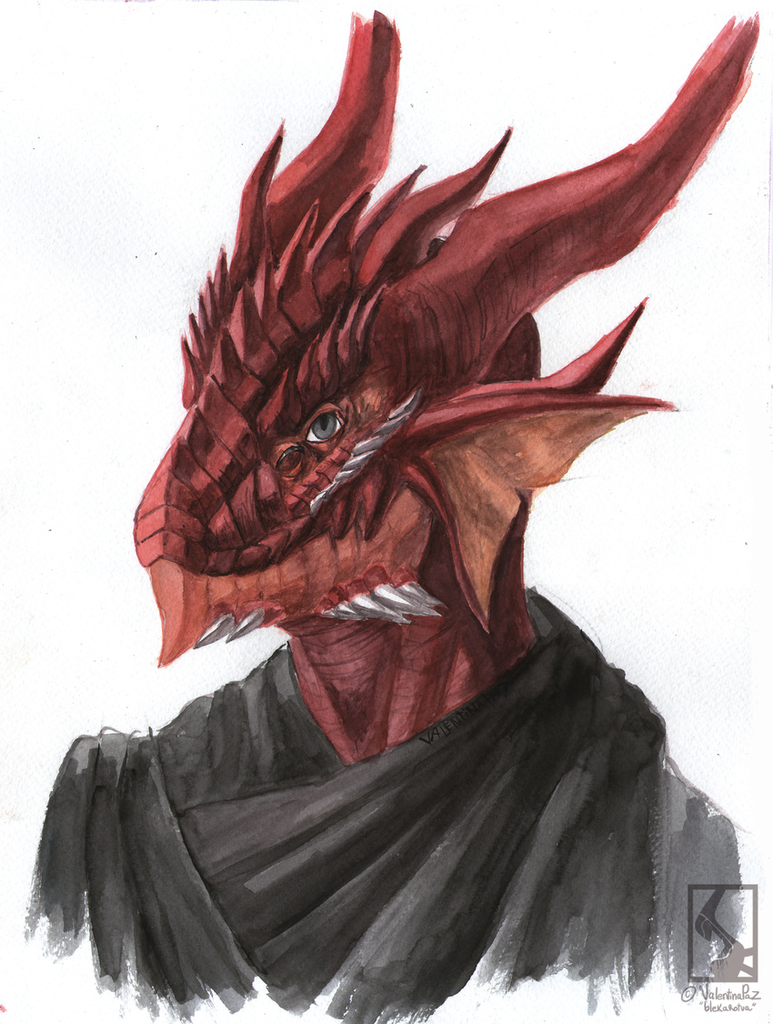 2015 anthro blekarotva clothing dragon horn looking_at_viewer male plain_background reptile scales scalie smile solo traditional_media_(artwork) watercolor_(artwork)