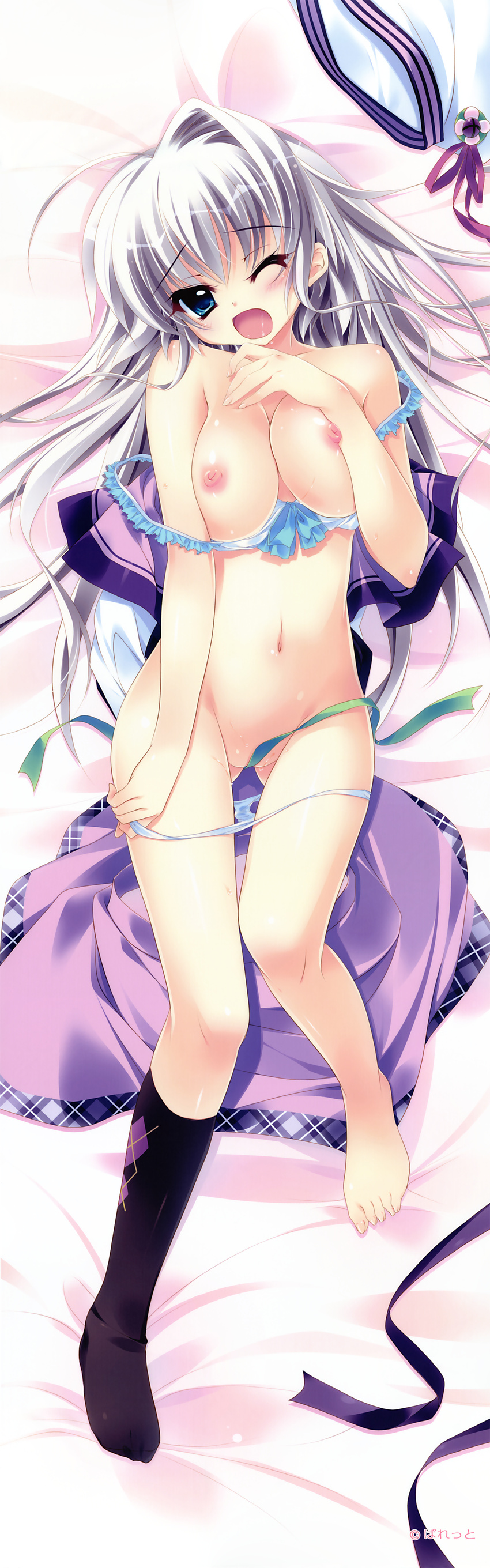 ;o absurdres asaba_konami bed_sheet black_legwear blue_eyes bra bra_pull breasts d; dakimakura eyebrows_visible_through_hair from_above highres huge_filesize izumi_tsubasu koi_ga_saku_koro_sakura_doki large_breasts long_sleeves looking_at_viewer lying nipples on_back one_eye_closed open_mouth panties panty_pull school_uniform shirt_removed socks solo underwear white_bra white_hair white_panties wince