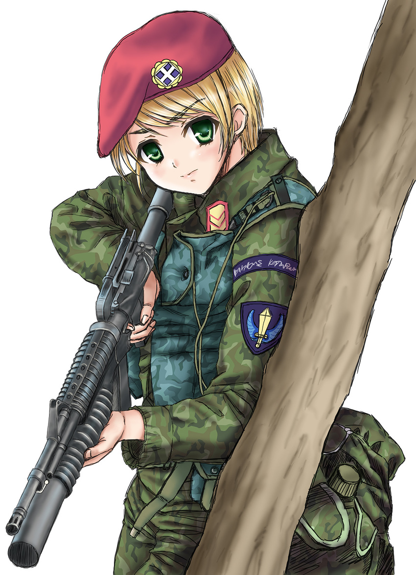 assault_rifle beret blonde_hair camouflage canteen finger_on_trigger green_eyes grenade_launcher gun hat highres load_bearing_vest looking_at_viewer m203 m4_carbine military military_uniform mizuki_reira original patch rifle short_hair simple_background sketch soldier solo tree underbarrel_grenade_launcher uniform weapon white_background