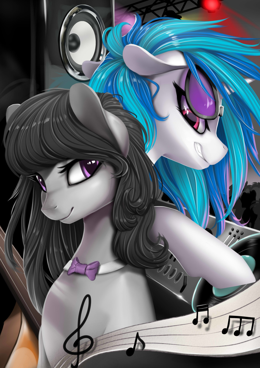 2015 absurd_res back_to_back black_hair blue_hair bow_tie cello duo equine female friendship_is_magic hair hi_res horn horse lights mammal musical_instrument my_little_pony octavia_(mlp) pony purple_eyes record_player santagiera speakers turntable unicorn vinyl_scratch_(mlp)