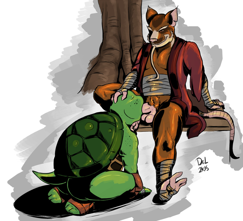 2015 age_difference anthro balls bench bottomless clothed clothing crotch_tuft digital_media_(artwork) duo erection eyes_closed father_and_son fellatio foot_wraps half-dressed incest kneeling looking_down male male/male mammal michelangelo_(tmnt) nokemy nude oral oral_penetration outside penis rat reclining reptile rodent scalie sex shaded signature splinter teenage_mutant_ninja_turtles tree turtle wraps