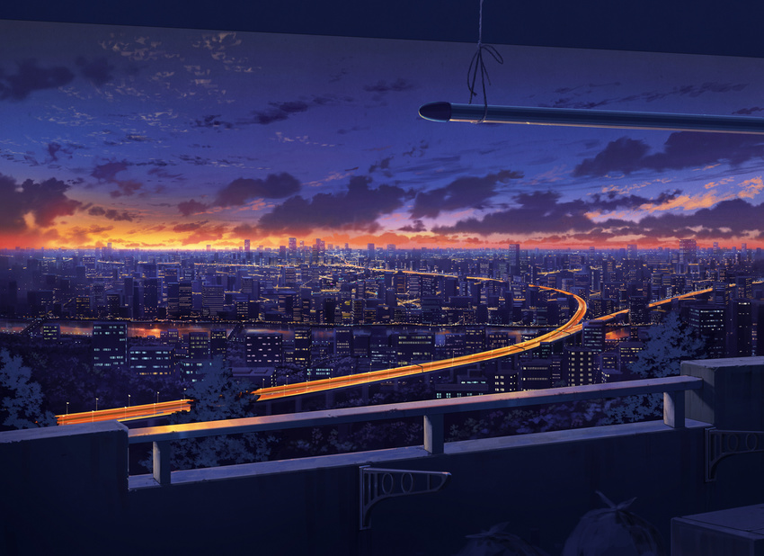 city city_lights cityscape cloud cola_(gotouryouta) dark dusk horizon lamppost no_humans original railing river road rooftop scenery sky street sunset trash_bag tree