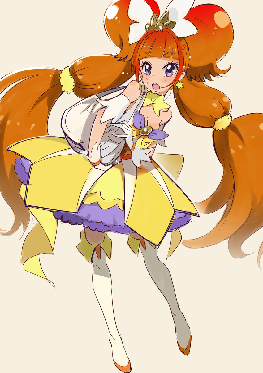 amanogawa_kirara bare_shoulders boots breasts cleavage cure_twinkle earrings go!_princess_precure highres jewelry mebae orange_hair precure purple_eyes red_hair skirt small_breasts solo star star_earrings thigh_boots thighhighs white_footwear white_legwear