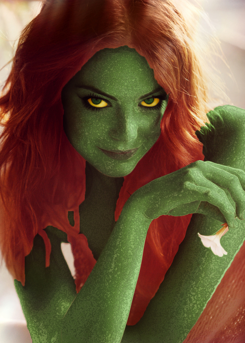 amphibian anthro edit female flower frog green_skin hair kitkristofferson looking_at_viewer photo_manipulation photomorph plant red_hair slime speckled_skin spots yellow_eyes