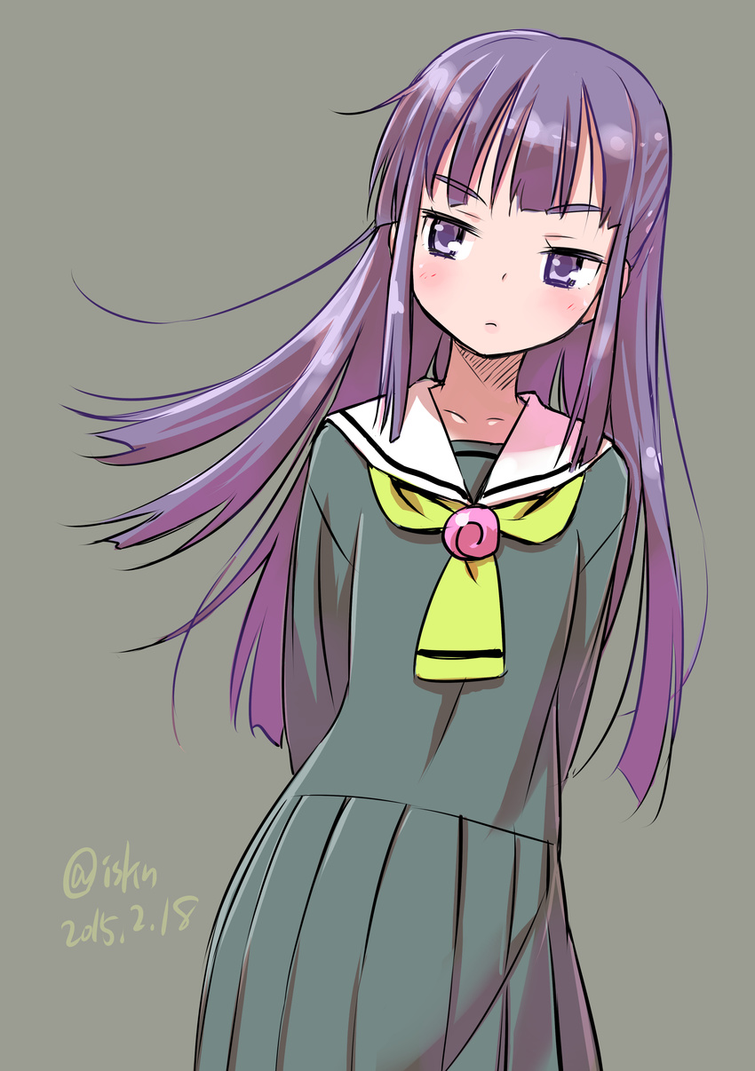 absurdres arms_behind_back blush dated highres isedaichi_ken long_hair looking_to_the_side original purple_eyes purple_hair school_uniform simple_background skirt solo twitter_username