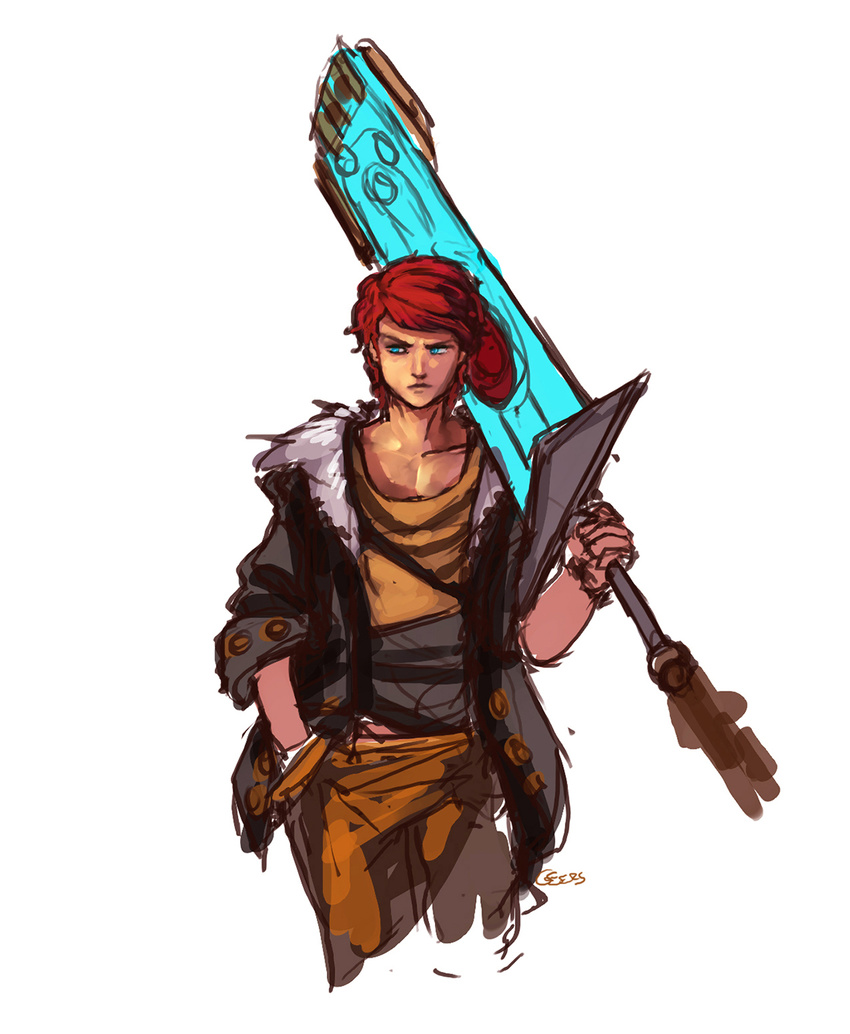 blue_eyes cowboy_shot cropped_legs darren_geers genderswap genderswap_(ftm) hand_in_pocket highres huge_weapon male_focus red_(transistor) red_hair solo sword the_transistor transistor_(game) weapon