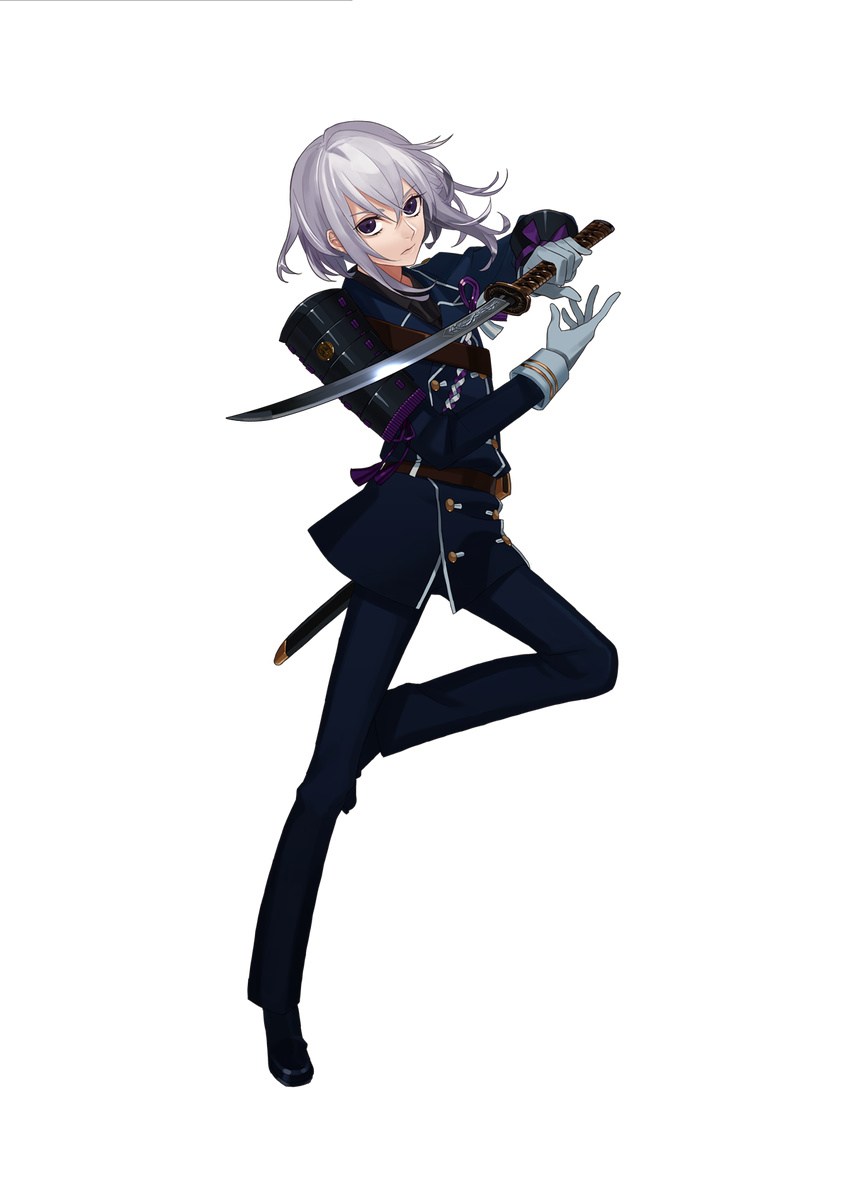 armor double-breasted full_body gloves highres honebami_toushirou japanese_armor looking_at_viewer male_focus military military_uniform necktie official_art pants purple_eyes sheath shoes shoulder_armor silver_hair sode solo tndkworks touken_ranbu transparent_background uniform wakizashi