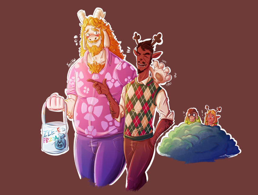 ! 2018 5_fingers ambiguous_gender anthro anthro_on_anthro antlers arm_around_shoulders arm_hair asgore_dreemurr bag beard being_watched belly binoculars biped blonde_hair blush body_hair boss_monster brown_background brown_fur brown_hair brown_horn brown_nose buckteeth caprine cervine chest_hair clothed clothing confusion curved_horn date daughter deltarune digital_drawing_(artwork) digital_media_(artwork) duo_focus emanata eyes_closed facial_hair father father_and_daughter female floppy_ears flustered flying_sweatdrops frown fully_clothed fur goatee group hair hairy half-length_portrait hand_in_pocket happy hesitant hiding holding_object horn human humanoid_hands ice-e interspecies jeans kris_(deltarune) laugh looking_aside looking_at_another male male/male male_focus mammal mature_male moobs mustache noelle_holiday open_mouth open_smile outline overweight overweight_male pants parent peeping plaid plant plastic_bag pockets portrait reindeer rolled_up_sleeves romantic_couple rudolph_holiday shaking shirt shivering shrub shy simple_background size_difference smile snout soulkiba spying standing sweat sweatdrop sweater sweater_vest teeth undertale video_games walking white_fur white_horn wholesome