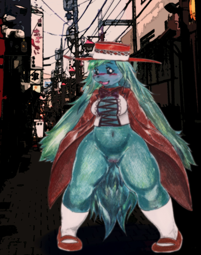 alucaje_(pixiv) big_breasts big_ears big_tail blush bottomless bow_tie breasts cloak clothed clothing corset exhibitionism female floppy_ears fluffy_tail half-dressed hat japanese_text lagomorph mammal open_mouth outside partially_clothed pussy shoes smile socks solo spread_legs spreading text thick_thighs tongue