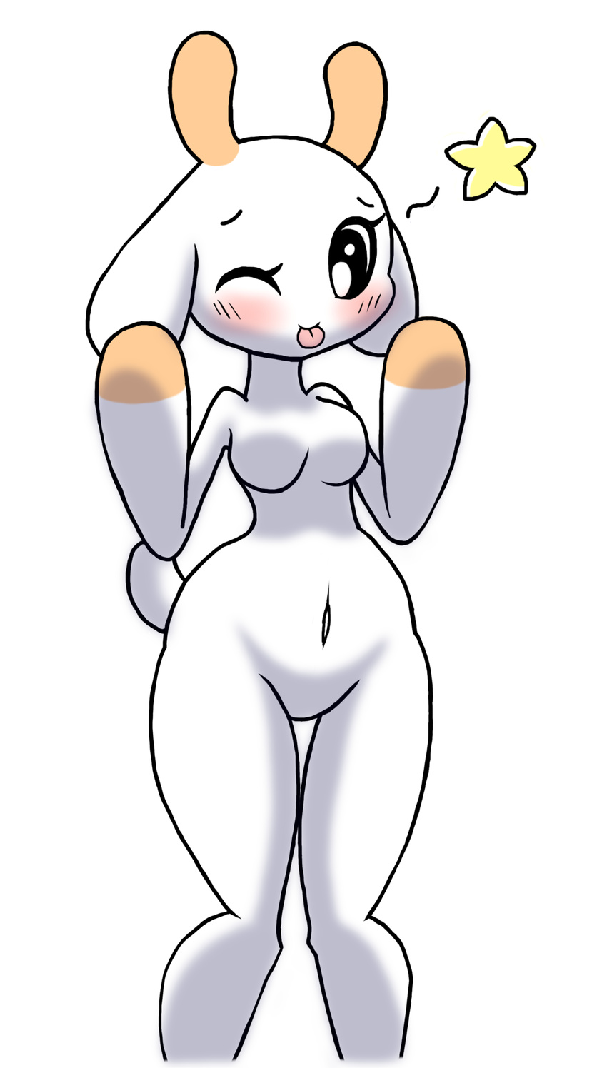 big_breasts bit-small blush bovine breasts bunny_maloney cattle charlotte cute female fur hooves horn looking_at_viewer mammal nude one_eye_closed plain_background solo white_fur wide_hips wink