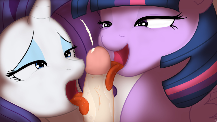2015 blue_eyes cum disembodied_penis equine eyeshadow female feral friendship_is_magic group hair half-closed_eyes hi_res horn jakejoke licking makeup male mammal my_little_pony open_mouth oral penis purple_eyes rarity_(mlp) saliva sex tongue tongue_out twilight_sparkle_(mlp) unicorn wings