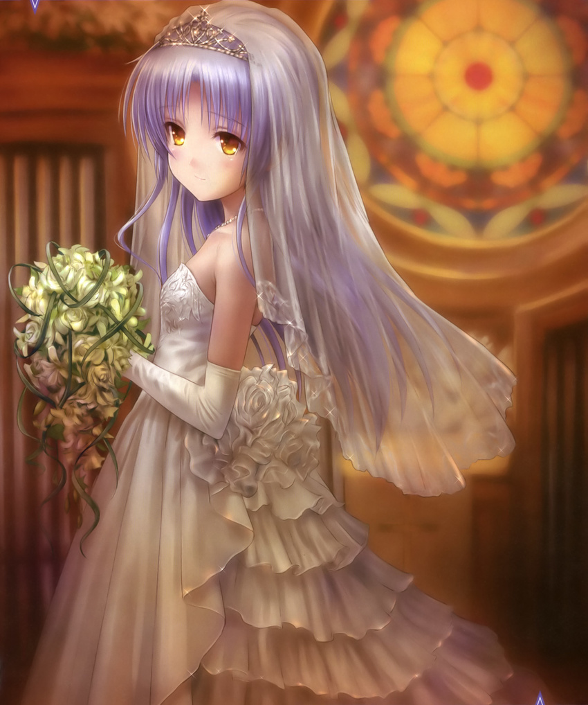 absurdres angel_beats! bangs bare_shoulders blurry blurry_background blush bouquet breasts church closed_mouth depth_of_field dress elbow_gloves eyebrows_visible_through_hair flower from_side glint gloves goto_p highres holding holding_bouquet indoors jewelry lavender_hair long_dress long_hair necklace pearl_necklace purple_hair rose see-through silver_hair small_breasts smile sparkle standing strapless strapless_dress tenshi_(angel_beats!) tiara veil wedding wedding_dress white_dress white_flower white_gloves yellow_eyes