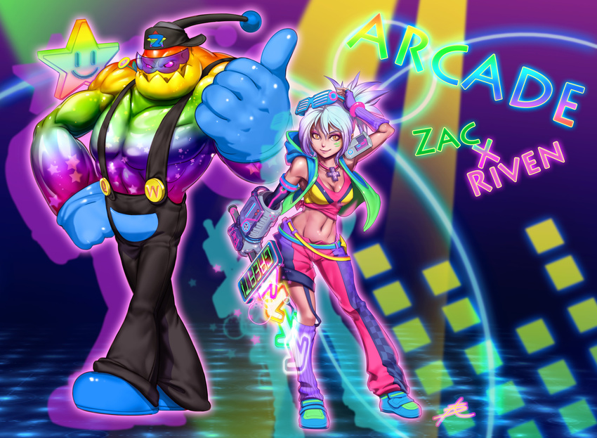 alternate_costume arcade arcade_riven armpits belt breasts cleavage dance_dance_revolution goo_guy highres league_of_legends medium_breasts midriff mismatched_legwear monster_boy navel phantom_ix_row power_glove riven_(league_of_legends) short_hair silver_hair slime star sunglasses yellow_eyes zac