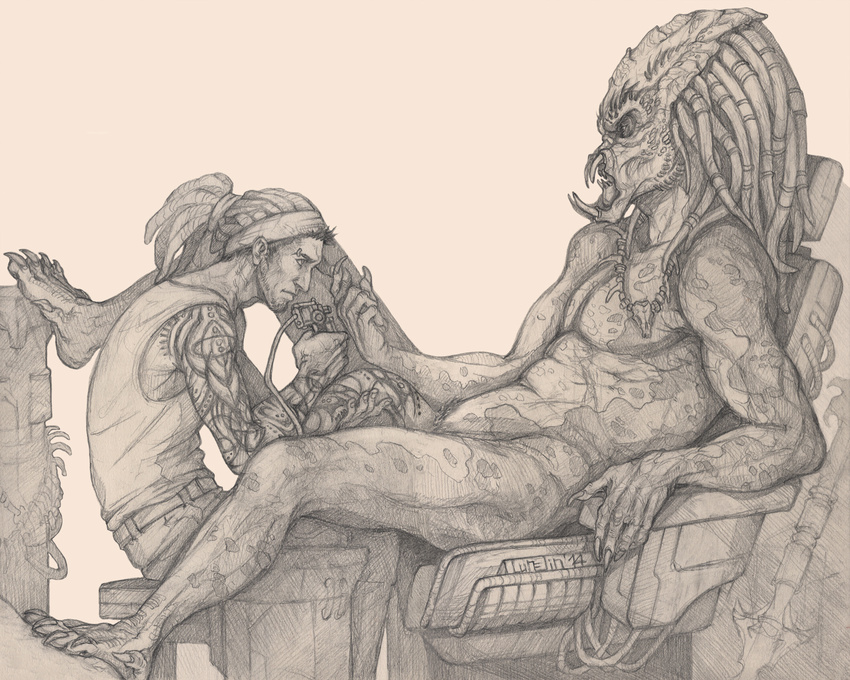 alien bigger_version_at_the_source chair claws clothed clothing dreadlocks duo greyscale headband human interspecies lurelin_(artist) male mammal mandibles monochrome nude pencil_(artwork) penis penis_tattoo predator_(franchise) size_difference tattoo traditional_media_(artwork) tusks yautja