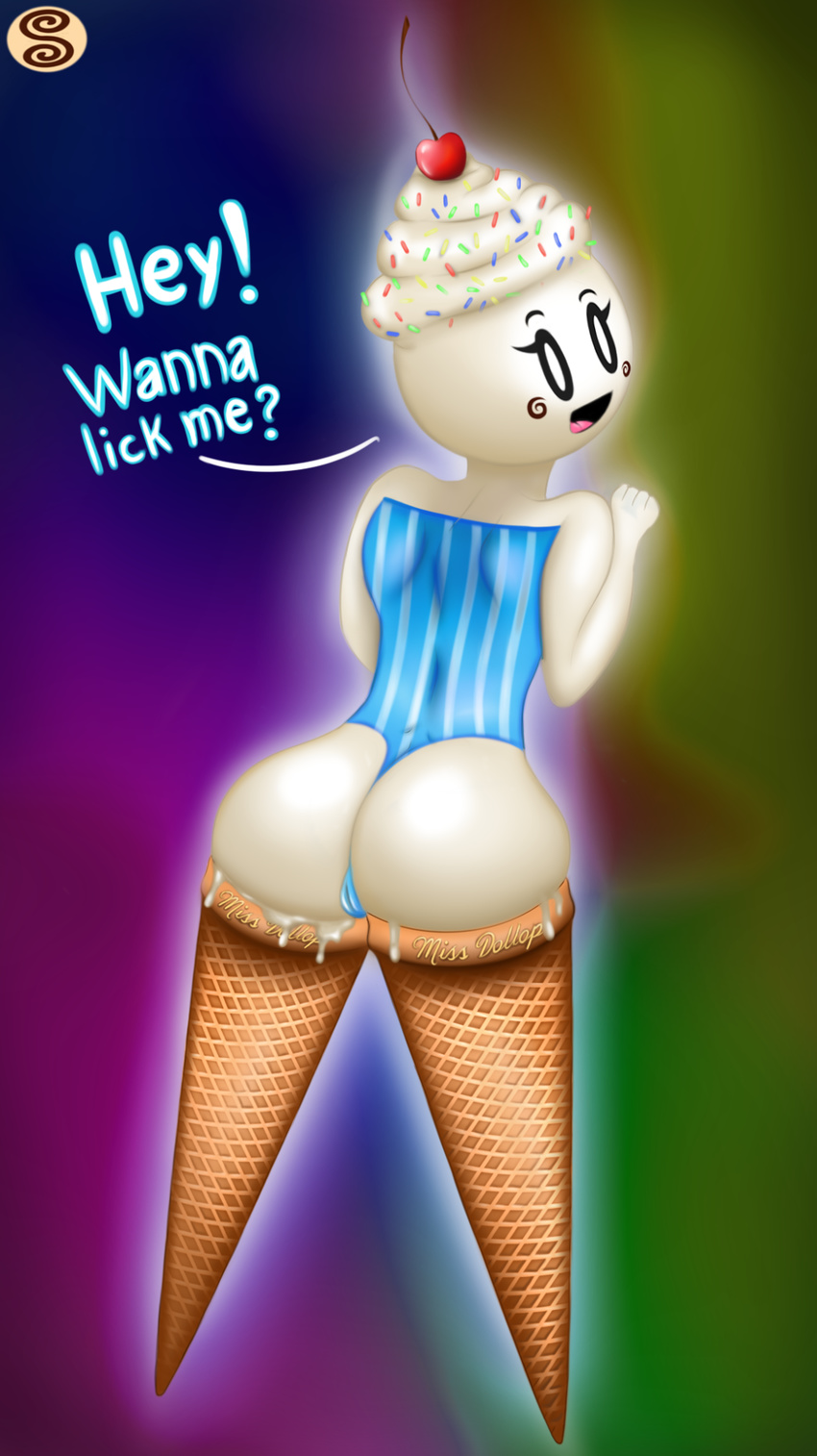 butt clothing dessert female food ice_cream looking_at_viewer looking_back one-piece_swimsuit solo swimsuit swizzle
