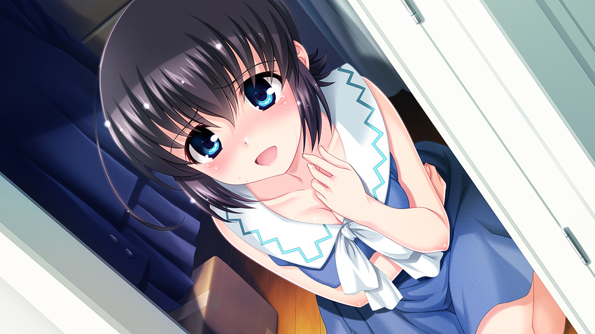 1girl black_hair blue_eyes blush box breasts cleavage collarbone dress game_cg highres legs looking_away morita_kazuaki open_mouth sakura_iro_no_amour:_imouto_amour_hen school_uniform short_hair sitting smile solo tears thighs